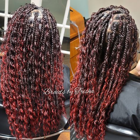 Burgundy Bohemian Braids, Burgandy Ombre, Burgundy Box Braids, Red Braids, Ombre Box Braids, Black To Red Ombre, Bday Celebration, Ombre Burgundy, Red Curls