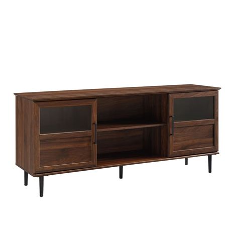 58" Glass & Wood Split Panel Door TV Console — Pier 1 Transitional Tv Stand, Walnut Tv Stand, Glass Tv Stand, Walker Edison Furniture, Rustic Traditional, Entertainment Stand, Panel Door, Walker Edison, Media Cabinet