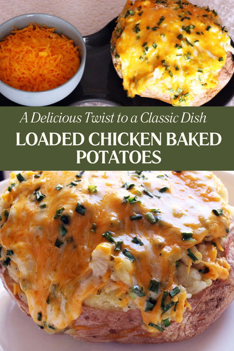 Loaded Chicken Baked Potatoes are a mouthwatering and satisfying meal that takes the traditional baked potato to a whole new level... Chicken For Baked Potatoes, Pulled Chicken Baked Potato, Rotisserie Chicken Baked Potato, Chicken Spud Potato Recipes, Loaded Chicken Twice Baked Potato, Baked Potato As A Meal, Chicken Stuffed Potatoes Recipes, Chicken Baked Potato Recipes, Shredded Chicken Baked Potato