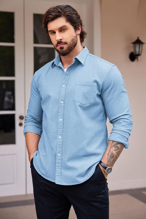 This men's shirt is made of denim and cotton fabrics, and it has a sophisticated and graceful look. The denim fabric gives it a timeless and versatile look, which is a great addition to your wardrobe. #men #denim #shirt #sky_blue #solid Jeans Shirt For Men, Sky Blue Shirt Outfit Men, Blue Shirt Outfit Men, Wardrobe Men, Male Outfit, Mens Smart Casual Outfits, Model Jeans, Western Work, Shirt Outfit Men