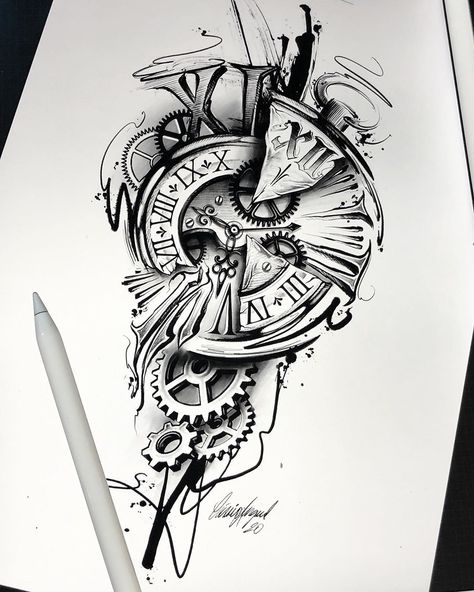 https://www.instagram.com/p/CDNCLXagFsR/?igshid=1sjcfepw444wx Time Clock Tattoo, Tattoo Avant Bras, Widder Tattoo, Vertical Tattoo, Leg Sleeve Tattoos, Lower Arm Tattoos, Leg Tattoo Ideas, Chicano Tattoos Sleeve, Wolf Tattoo Sleeve