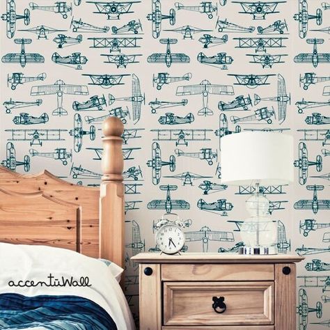 "Airplanes Slate Teal peel & stick wallpaper.  Our Peel-and-Stick removable wallpaper is proudly designed and made in the USA!   Our wallpaper is ideal for DIY room makeovers without the mess and headaches of traditional wallpaper.  Clean walls and clean hands are all that is needed to install our wallpaper If you need help assessing how many rolls you will need to purchase, please convo us. [Pattern Repeat Length] every 24\" Previous Order Matching: Because all of our items are made to order, we cannot guarantee an exact color match of the same item from orders of different dates. This is because we go through many rolls of material each day and over time, roll lots can vary ever so slightly. Please be sure to order the correct quantity. It is always a good idea to over estimate 1 extra r Amsterdam Wallpaper, Wallpaper Tile, Airplane Wallpaper, Room Makeovers, Teal Wallpaper, Cleaning Walls, Peel Stick Wallpaper, Accent Wallpaper, Vinyl Wallpaper