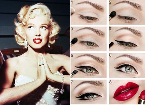 Marline Monroe Makeup, Merlin Monroe Make Up Tutorial, How To Do Marilyn Monroe Makeup, 50s Makeup Vintage, Marilyn Eye Makeup, Marilyn Monroe Inspired Makeup, Marilyn Monroe's Makeup, Marylin Monroe Eye Makeup, Marlyne Monro Make Up Tutorial