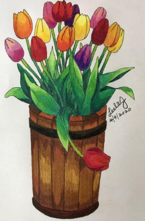 Flower Pot Drawing With Colour, Kids Canvas Painting, Easy Flower Drawings, Kids Canvas, Oil Pastel Drawings, Easy Drawings Sketches, Still Life Drawing, Knife Painting, Kids Drawings