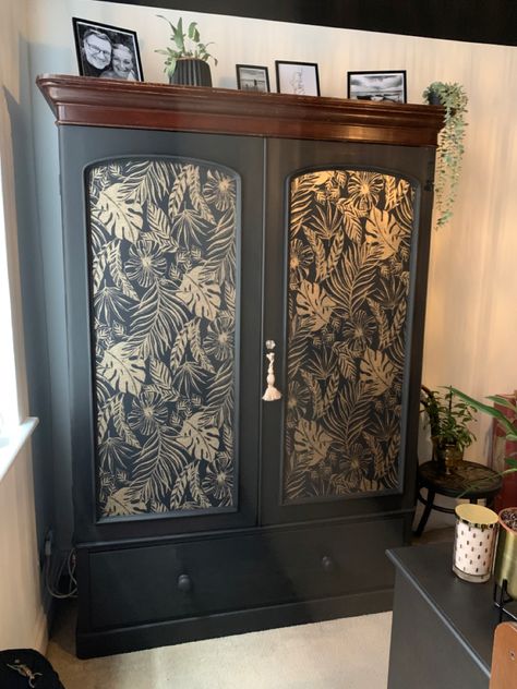 Upcycle Furniture With Wallpaper, Gold Leaf Dresser Ideas, Furniture Makeover Wallpaper, Painted Wooden Wardrobe, Black Upcycled Furniture, Wardrobe Wallpaper Ideas, Stag Wardrobe Upcycle, Art Deco Wardrobe Upcycle, Wardrobe Makeover Diy Painted Furniture