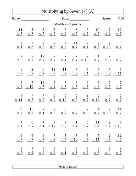 The Multiplying by Seven (7) with Factors 1 to 12 (100 Questions) (A) Math Worksheet from the Multiplication Worksheets Page at Math-Drills.com. Free Printable Multiplication Worksheets, Free Multiplication Worksheets, Times Tables Worksheets, Printable Multiplication Worksheets, Multiplication Facts Worksheets, Math Multiplication Worksheets, Math Fact Worksheets, Math Drills, Multiplication Practice