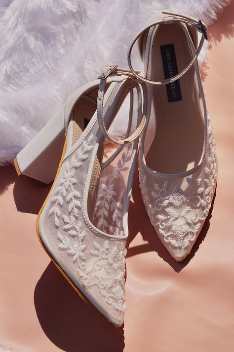 White heels with bead embroidered floral patterned sheer straps. - Aza Fashions Whimsical Wedding Heels, Women’s Wedding Shoes, Vintage Wedding Shoe, Cute Wedding Shoes Brides, Beaded Wedding Shoes, Wedding Shoes Pointed Toe, Wedding Footwear For Bride, White Floral Heels, Boho Bridal Shoes