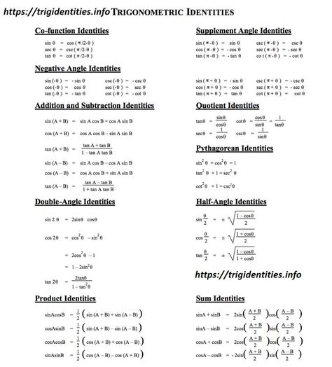 Trig Identities - All List of Trigonometric Identities - Learn Trigonometry | Math formulas, Trigonometry, Math methods Trig Identities, Trigonometric Identities, Maths Formulas, Math Formula Chart, Trigonometric Functions, Basic Math Skills, Math Formulas, Studying Math, Math Notebooks