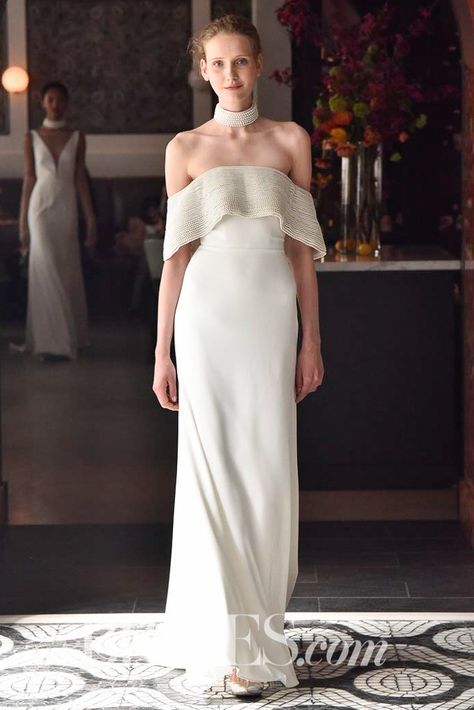 "Windsor" layered pearl off-the-shoulder crepe gown with pearl choker by Lela Rose Pearl Choker Bride, Pearl Choker Wedding Dress, Wedding Dress With Choker, Rose Ideas, White Bridal Robe, Rose Wedding Dress, Fair Wedding, Popular Wedding Dresses, Wedding Dress Silhouette