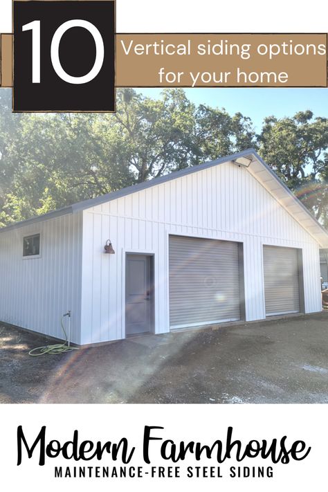 Use the same color and style of vertical siding on both the home and the detached garage to get the ultimate farmhouse style! ---#farmhosue #farmhousediy #farmhousestyle #metalgarage #garagediy #remodel #steelgarage #garagesiding #polebarndiy #polebarnhome #barnhome #barndominium #modernfarmhouse #whitefarmhouse #boardandbatten #steelsiding #sidingdiy #exteriorsiding #garageexterior Detached Garage Remodel, White Steel Siding Exterior House, Garage Siding Ideas, White Metal Garage, White Pole Barn, Vertical Siding Exterior, Metal Siding House, Detached Garage Ideas, Ultimate Farmhouse