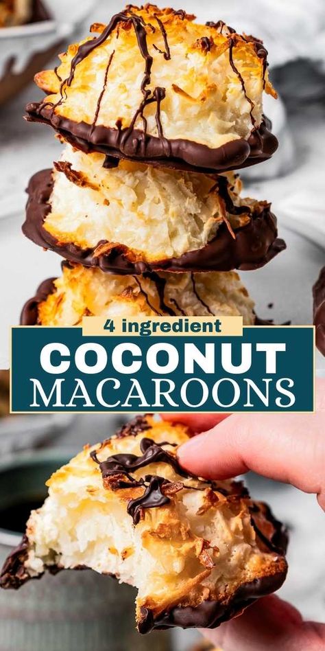 These toasty Coconut Macaroons with moist, chewy centers are an every-occasion dessert with subtle tropical vibes. They're dipped in dark chocolate for an extra indulgent, timeless treat! If you don't like dark chocolate, try milk, bittersweet, or white chocolate instead. Chewy Coconut Cookies, Coconut Macaroons Recipe, Chocolate Dipped Cookies, Dipped Cookies, Dessert Aux Fruits, Macaroon Recipes, Coconut Macaroons, Coconut Cookies, Chocolate Dipped