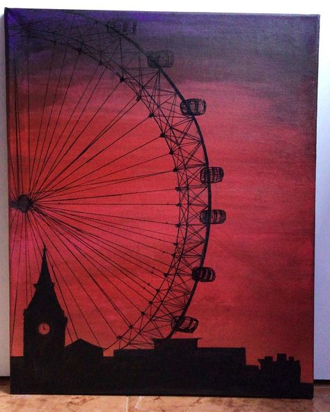 A drawing made with watercolor and acrylic paint on a canvas, with details in black marker City: Londres❤️🎨 . #londoneye #watercolorpaint… London Eye Painting, London Painting Easy, London Painting Acrylic, City Painting Acrylic Easy, City Painting Easy, London Eye Drawing, City Canvas Painting, Eye Painting Acrylic, Couples Canvas Painting