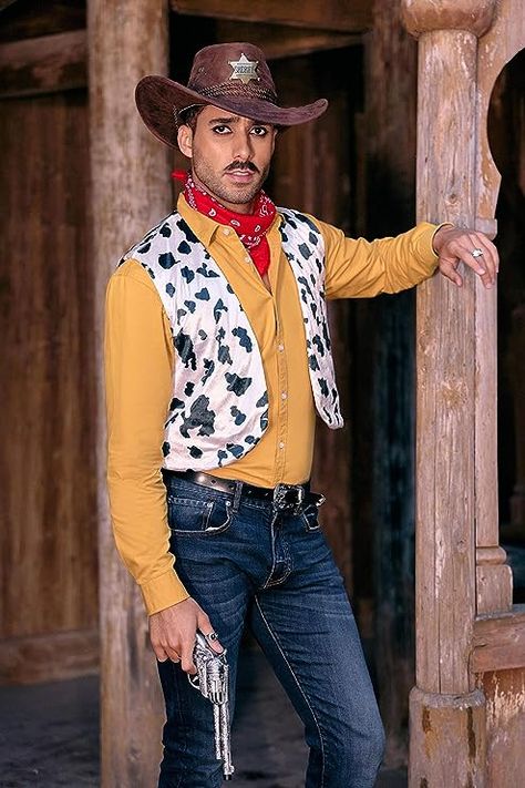 Woody Costume Mens, Mens Woody Costume, Cow Print Vest, Hippie Costume Halloween, Woody Costume, Hippie Halloween, Open Front Vest, Halloween Costume Outfits, Vintage Hippie