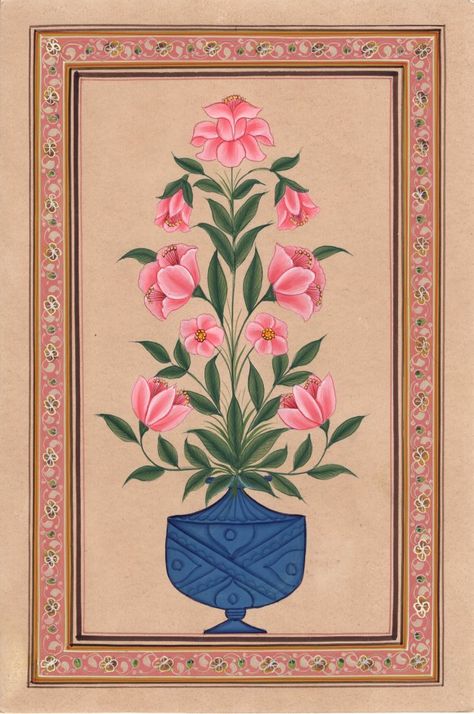 Watercolor Vase, Mughal Miniature Paintings, Mughal Art Paintings, Rajasthani Art, Lotus Flower Art, Mughal Paintings, Wildlife Paintings, Indian Folk Art, Flowers Watercolor