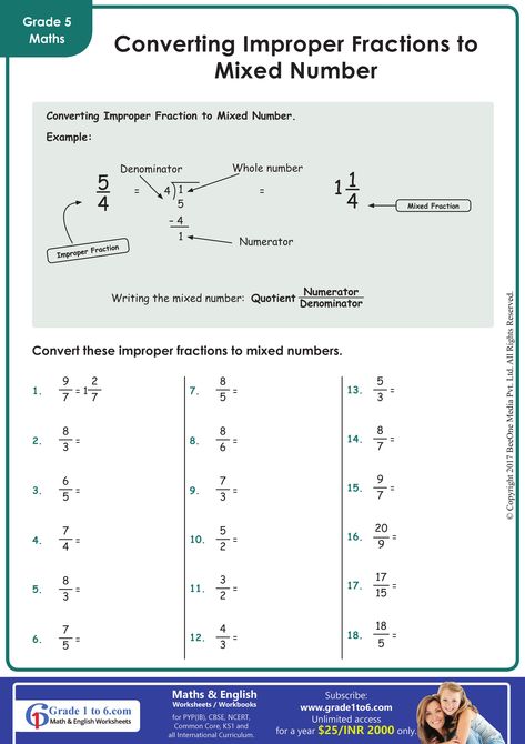 Converting Improper fraction to Mixed number | Grade1to6 Converting Improper Fractions To Mixed, Mixed Numbers Worksheet, Improper Fractions To Mixed Numbers, Creative Worksheets, Homework Activities, Grade 6 Math, Numbers Worksheets, Improper Fractions, Mixed Numbers