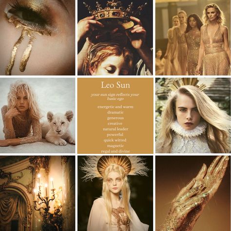 Leo sun zodiac sign mood board and astrology aesthetic Leo Zodiac Mood Board, Zodiac Sign Mood Boards, Sun In Leo Aesthetic, Leo Aethestic, Leo Star Sign Aesthetic, Leo Astrology Aesthetic, Moon In Leo Aesthetic, Leo Bedroom Aesthetic, Leo Mood Board