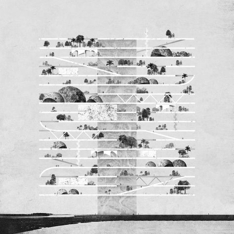 Section Drawing, Hanging Gardens, Architecture Board, Architecture Collage, 30 September, Architecture Graphics, Architectural Section, Model Drawing, Diagram Architecture