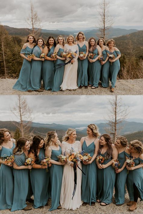 Luke & Lexi's intimate mountain wedding was exactly what my heart needed. Their Mt Spokane wedding was so special and exactly what a mountain wedding venue should be. From Lexi's long sleeve lace wedding gown to the dusty blue bridesmaid dresses.. these intimate wedding details were perfect. If you're wanting a mountain elopement, this is your sign to do it! Check out more photos from this Mt Spokane elopement on my blog! Mountain Wedding Party Colors, Mountain Wedding Bridesmaid Dresses, Dusty Blue Bridesmaid Dresses Mismatched, Blue Bridesmaid Dresses Mismatched, Mountain Wedding Colors, Mountain Theme Wedding, Spokane Wedding Venues, Mismatched Bridesmaid Dresses Blue, Dusty Blue Bridesmaid