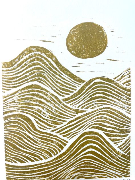 Gold shimmery sunset ocean print - The ocean is something beautiful This original, hand-pulled  print was pressed in shimmery gold on beautiful cotton letterpress paper. The linoleum block is carved by hand, inked, then printed individually. Due to the printing process (which is done entirely by hand), there will be variations from print to print giving you an original and unique piece of artwork! All materials are archival.   *Paper measures 8x10 in (20.3x25.4cm) (standard frame size) *Image me Lino Print Ocean, Sea Lino Print, Print Making Designs Easy, Linocut Ocean, Easy Lino Print Ideas, Linoleum Print Ideas, Gold Sunset, Ocean Poster, Letterpress Paper