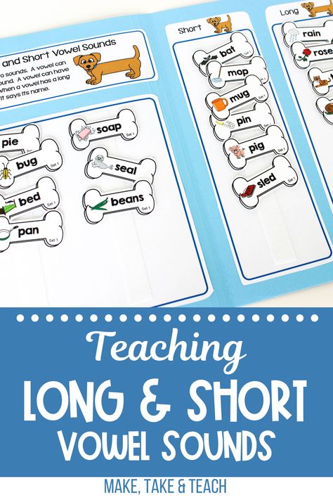 Students just love learning long and short vowel sounds with this doggone fun hands on file folder  activity. Ideal for independent literacy centers or small group instruction when introducing the concept of long and short vowel sounds. Vowel Sounds Chart, Long Vowel Sounds Activities, Teaching Short Vowel Sounds, Vowel Sounds Activities, Long And Short Vowel Sounds, Vowel Teams Activities, Short Vowel Games, Long Vowels Activities, Short Vowel Activities