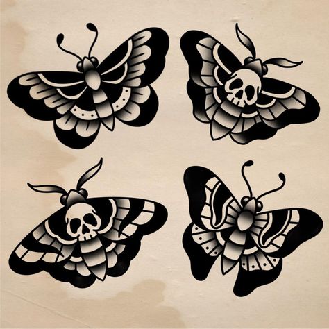 George Humphrey on Instagram: “Have all these available!!💀 Apprentice rates - arms and legs DM for any enquiries . . . . . . . . . . . . . . #traditionaltattoos…” Traditional Moth Tattoo, Traditional Tattoo Black And White, Traditional Butterfly Tattoo, Traditional Tattoo Stencils, Any Tattoo, Moth Tattoo Design, Traditional Tattoo Old School, Traditional Tattoo Inspiration, Bug Tattoo