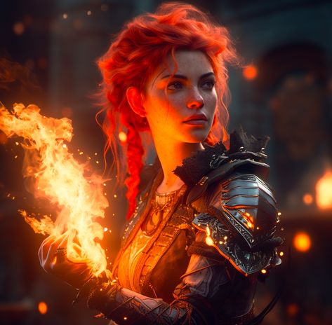 Summer Eladrin Female, Fire Genasi Female Dnd, Summer Eladrin, Fire Genasi, Mars Landing, Fire Woman, Fire Warrior, Fiery Red Hair, Fire Fairy