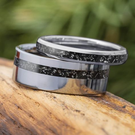 Black Wedding Band, Starry Night Sky, Unique Wedding Bands, Wedding Band Sets, Titanium Rings, Stardust, Black Wedding, Black Enamel, Conversation Piece