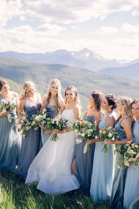 Mountain Wedding Party Colors, Summer Mountain Wedding Bridesmaid Dresses, Outdoor Summer Wedding Bridesmaid Dresses, Bridesmaid Dresses Mountain Wedding, Summer Mountain Wedding Dress, Summer Mountain Wedding Color Palette, Mountain Wedding Bridesmaid Dresses, Mountain Bridesmaid Dresses, Mountain Wedding Bridesmaids