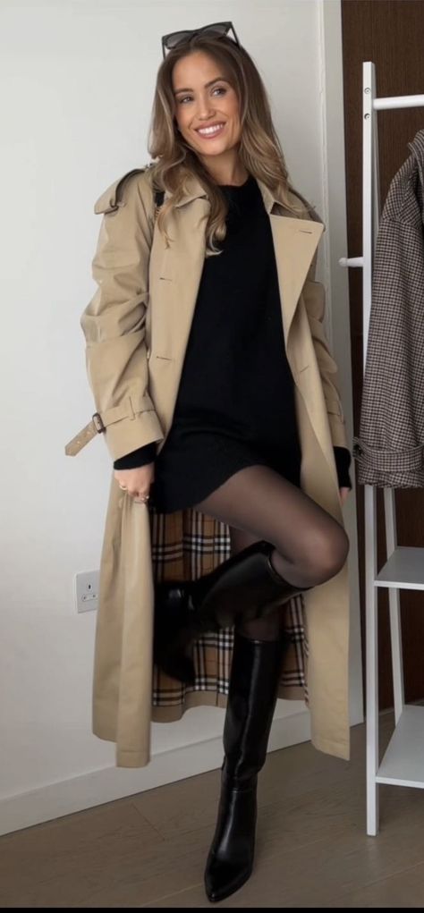 Trench Coat Outfit Burberry, Knee High Boots Trench Coat, Races Outfits For Women Winter, Burberry Jacket Women Outfit, Tan Trench Coat Outfit Winter, Burberry Trench Coat Aesthetic, Vineyard Winter Outfits, Women’s Trench Coat Outfit, Trench Coat Outfit Dress