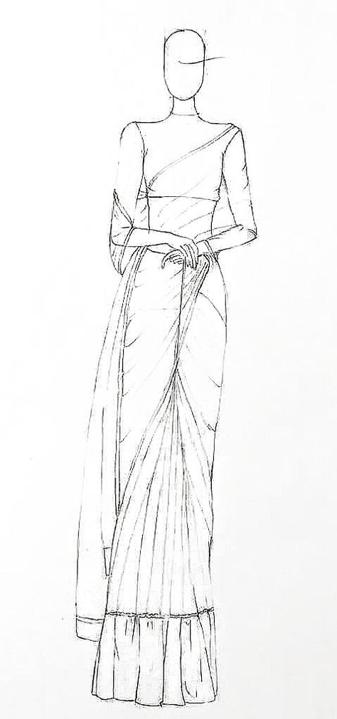 Saree Outline Sketch, How To Draw Saree Sketch, Figer Drawing Women, Saree Flat Sketch, Saree Illustration Fashion Sketch, Saree Sketches Fashion Illustration, Fashion Illustration Template Women, Saree Drawing Sketches, Saree Illustration Sketch