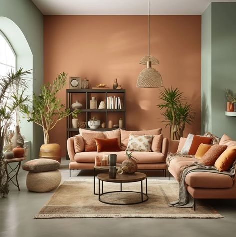 Vert et terracotta : 15 idées déco pour associer ces teintes Terracotta Living Room, Color Palette Living Room, Living Room Orange, Pink Living Room, Home Design Living Room, Living Room Green, Living Room Colors, Boho Living Room, Living Room Inspo