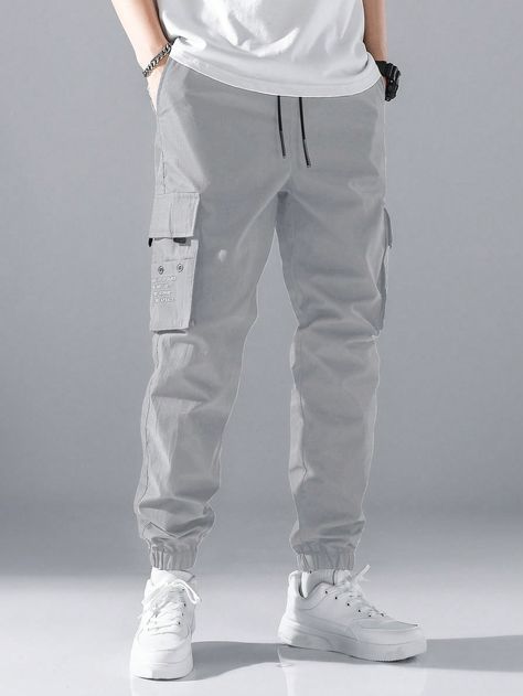 Light Grey Street Collar  Fabric Slogan Cargo Pants Embellished Non-Stretch Spring/Summer/Fall Men Clothing