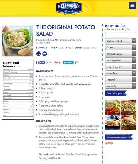 Potato Salad Hellman’s, Helmand Potato Salad, Hellmans Potato Salad Recipe, Potato Salad With Mustard And Mayo, Hellmans Potato Salad, Original Potato Salad Recipe, Potatoe Salad, Potato Salad Dressing, Classic Potato Salad