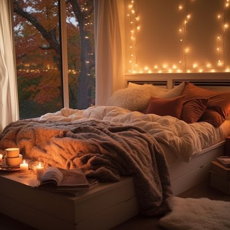 Fall Aesthetic Cozy Bedroom, Autumn Bedsheets, Cozy Fall Room Aesthetic, Cozy Fall Aesthetic Home, Fall Bedroom Inspiration, Fall Bedroom Decor Aesthetic, Cozy Fall Aesthetic Bedroom, Cozy Fall Bed, Bed Aesthetic Cozy