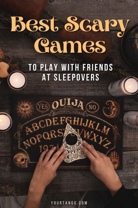 Best Scary Games To Play With Friends At Sleepovers | YourTango #halloween #horror Rituals To Do With Friends, Horror Movie Game Ideas, Teen Halloween Sleepover Ideas, Scary Games To Play In The Dark, Creepy Games To Play At A Sleepover, Games To Play On Halloween, Paranormal Games To Play With Friends, Horror Games To Play With Friends In Real Life, Halloween Sleepover Games