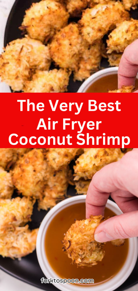 This air fryer coconut shrimp recipe is a simple and crispy appetizer featuring plump, juicy shrimp coated in crunchy panko and shredded coconut. Air Fry Coconut Shrimp, Coconut Panko Shrimp, Crispy Air Fryer Shrimp Recipes, Air Fryer Battered Shrimp, Coconut Shrimp Recipe Air Fryer, Panko Shrimp Air Fryer, Airfry Shrimp Recipes, Air Fryer Shrimp Recipes Easy, Airfryer Shrimp Recipes