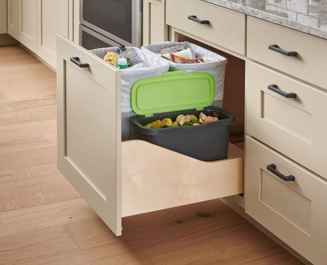 Pull-Out Waste Container and Compost Bin | Schuler Cabinetry at Lowes Kitchen Rubbish Bin, Kitchen Waste Bin, Kitchen Compost Bin, Garbage Recycling, Cocina Diy, Hidden Kitchen, Waste Container, Kitchen Waste, Kitchen Design Trends