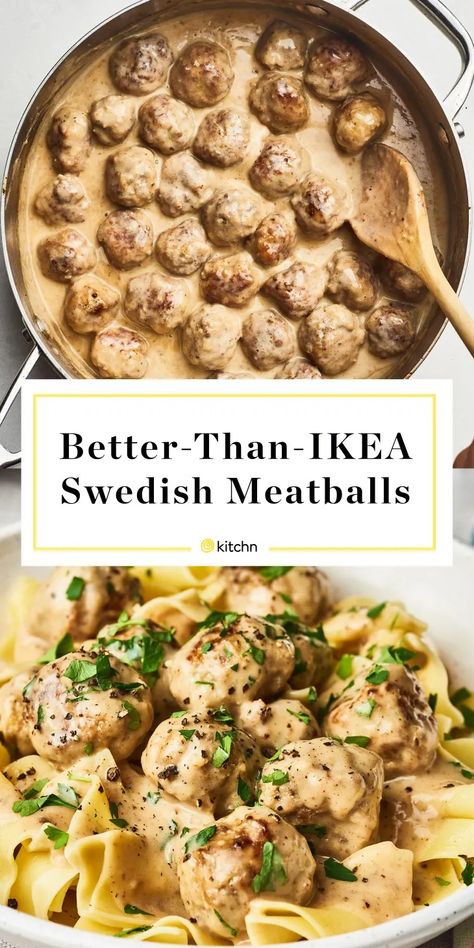 Better-than-IKEA Swedish Meatballs | The Kitchn Pasta And Meatballs, Ikea Swedish Meatballs, Slow Cooker Swedish Meatballs, Swedish Meatballs Easy, Meatballs And Gravy, Swedish Meatball Recipes, Easy Comfort Food, Swedish Meatballs, Meatball Recipes