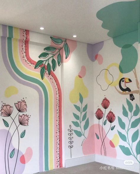 Floral Wall Mural Painting Diy, School Wall Art Ideas Classroom, Wall Murals Painted Diy, School Wall Art Ideas, Playroom Mural, Daycare Decor, Wall Murals Diy, Colorful Playroom, Creative Wall Painting