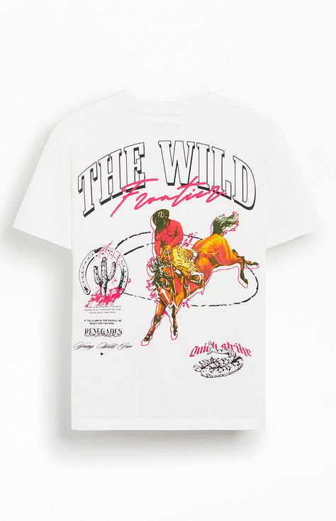 Explore in style with the Wild Frontier Oversized T-Shirt, featuring a crew neckline, short sleeves, and a oversized fit. This shirt boasts eye-catching graphics on the left chest and back, perfect for any adventure.   	Crew neckline 	Short sleeves 	Oversized fit 	Left chest & back graphics 	Machine washable Graphic Art Tees, Represent Thoroughbred T Shirt, Deus Ex Machina Tshirt, Life Of Pablo Merch, Vintage Tshirt Design, Vintage Shirt Design, Buffalo Shirt, Pacsun Mens, Country Tees