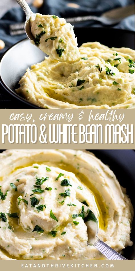 This Potato and White Bean Mash recipe is the perfect healthy side dish that is super easy to make and can be vegan-friendly. Made with creamy butter beans, fluffy mashed potatoes and garlic, this comforting mash is rich, buttery (but without the butter) and delicious! This recipe can be made with any white bean (butter/lima or cannellini beans) or vegetables such as potatoes or cauliflower. Learn how to make this creamy Potato and White Bean Mash with Garlic recipe at eatandthrivekitchen.com Vegan Butter Beans Recipe, Bean Mash, Cannellini Beans Recipes, Butter Beans Recipe, Fluffy Mashed Potatoes, Healthy Potatoes, Cauliflower Mashed Potatoes, Garlic Recipe, Mash Recipe