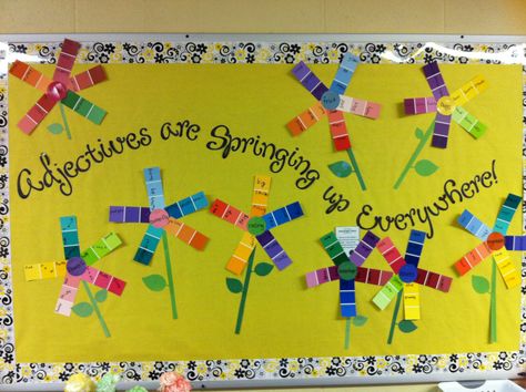 Adjectives are springing up everywhere bulletin board (I used paint sample strips to make the flowers). Poetry Bulletin Board, Speech Bulletin Boards, Grammar Board, Spring Bulletin, Spring Bulletin Boards, Teaching 5th Grade, Paint Sample, 6th Grade Ela, First Grade Reading