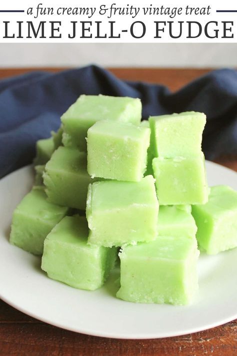 Lime Jello fudge is the vintage treat that we didn't know we needed, but now we do. It has a rich buttery fudge texture with a pop of lime flavor. Lime Jello Fudge, Jello Fudge, Lime Jello Recipes, Lemon Fudge Recipe, Lime Fudge, Key Lime Fudge, Peppermint Fudge Recipe, Bake Snacks, Lime Jello Salads