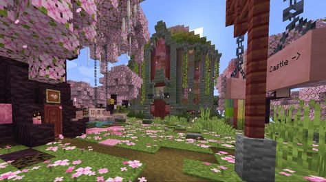 Minecraft cherry blossom mangrove pink castle house in cherry grove House in cherry tree Cherry Blossom House, Minecraft Cherry Blossom, Blossom House, Pink Castle, Castle House, Craft Stuff, Cherry Tree, Cherry Blossom, Minecraft