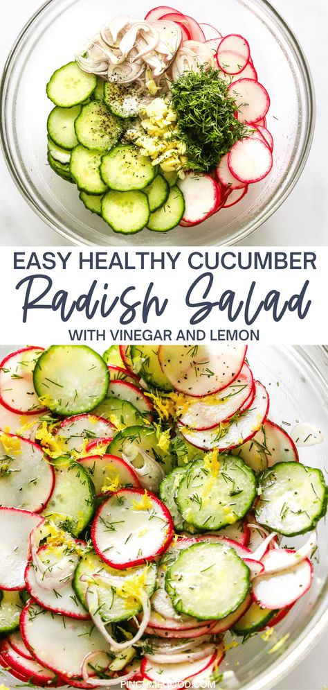 Looking for a quick and refreshing salad? Try our cucumber and radish salad with fresh dill and a tangy lemon vinaigrette! It's easy to make and ready in just 10 minutes. Plus, the combination of crisp veggies and zesty dressing is sure to tantalize your taste buds. Perfect for a light lunch or a side dish! #salad #cucumbers #radishes #dill #lemonvinaigrette #quickrecipe #healthyfood Cucumber Dill Recipes, Cucumber And Radish Salad Simple, Celery Radish Salad, Light Green Salad, German Radish Salad, What To Make With Radishes, Cucumber Summer Salad, Cucumber Radish Salad With Dill, Diced Cucumber Salad