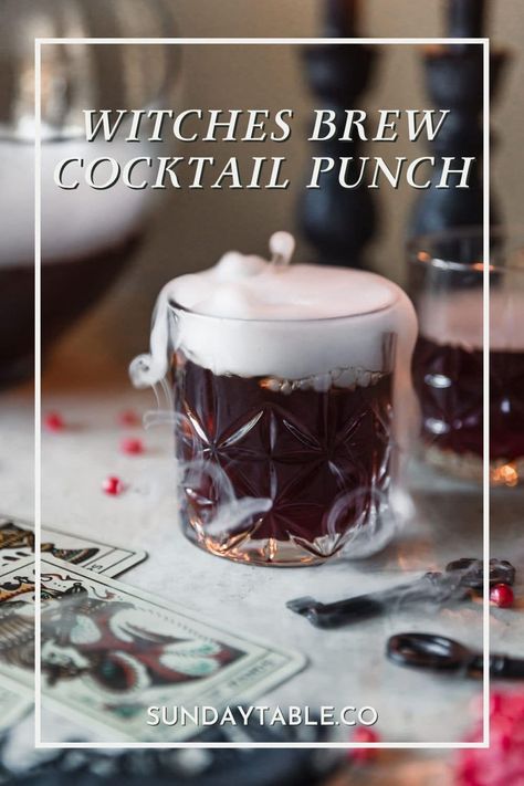 Looking for a creative way to wow your friends at this year's Halloween party? Witches brew cocktail punch is the ultimate easy cocktail for Halloween parties! This spiked punch recipe has pomegranate, blueberry liqueur, tequila (or vodka), and lemon for a sweet-tart adult drink inspired by candy. I also like to mix in dry ice for a cute, witchy vibe. It's the best cocktail for a crowd - it's not too sweet, easy to mix up, and it's a huge crowd pleaser. This Halloween cocktail is the best! Witches Punch Alcohol, Drunken Witch Drink, Halloween Party Drinks Alcohol Big Batch, Halloween Batch Cocktails, Witchy Cocktails, Halloween Cocktails Punch, Halloween Party Drinks Alcohol, Witches Brew Cocktail, Easy Halloween Cocktails