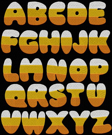 Candy Corn Alphabet - I have this set :) Candy Corn Letters, Applique Fonts, Commercial Embroidery Machine, Lettering Ideas, Continuous Line, Alphabet And Numbers, Embroidery Fonts, Brush Lettering, Halloween Cards