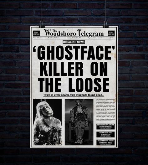 Iconic Newspaper Headlines, Ghostface Newspaper, Halloween Wanted Posters, Scream Newspaper, Ghostface Poster, Newspaper Wall, History Of Hip Hop, Newspaper Layout, Outdoor Artwork