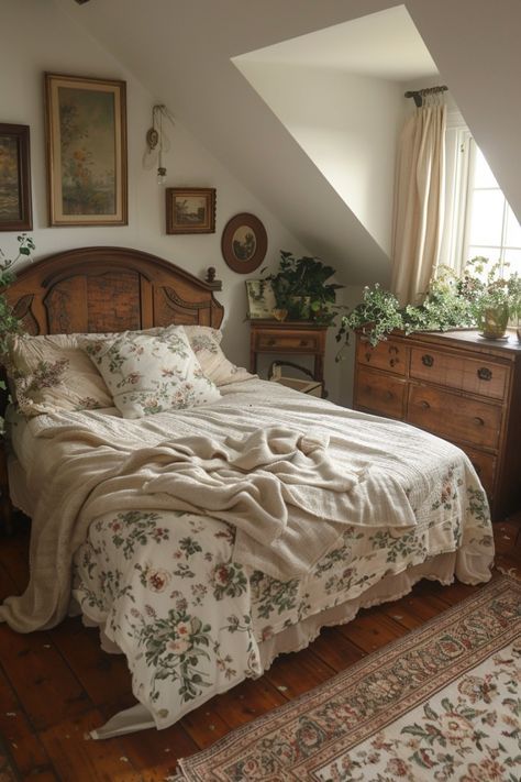 Maximalist Decor Antique, Bedroom Ideas Old Fashion, Light Cottagecore Room, Home Decor Old House, Earthy Traditional Bedroom, Bedroom Paint Ideas Aesthetic, Old Timey Room Aesthetic, French Cottage Master Bed, Vintage Home Interior Pictures