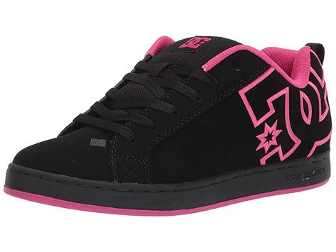 DC Court Graffik W - Women's Skate Shoes : Black/Black/Pink : A modern classic, the DC Court Graffik W casual shoes deliver with a clean silhouette and bold logo detail. Casual sneakers with heavy-duty suede, sturdy action nubuck, or soft and resilient action leather upper for abrasion-resistance and durability. Foam-padded tongue and collar for added comfort and support. Textile lining offers breathability. Internal elastic tongue holders for added foot stability. Rubber cupsole with iconic pil Dc Shoes Aesthetic, Pink Dc Shoes, Tenis Dc, Dc Court Graffik, Dc Shoes Women, Dc Sneakers, Women Skates, Funky Shoes, Baggy Clothes